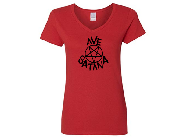 Satanism Ladies V Neck T Shirt Adult S-3X Ave Satana Hail Satan Fish Pentagram Inverted Cross Devil Worship Magic Magick Free Shipping Merch Massacre