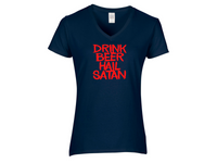 Satanism Ladies V Neck T Shirt Adult S-3X Drink Beer Hail Satan Ave Satana Fish Pentagram Inverted Cross Devil Worship Free Shipping Merch Massacre