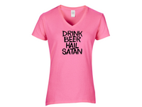 Satanism Ladies V Neck T Shirt Adult S-3X Drink Beer Hail Satan Ave Satana Fish Pentagram Inverted Cross Devil Worship Free Shipping Merch Massacre