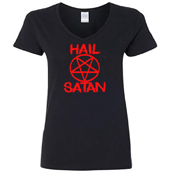 Satanism Ladies V Neck T Shirt Adult S-3X Hail Satan Pentagram Ave Satana Fish Inverted Cross Devil Star Worship Free Shipping Merch Massacre