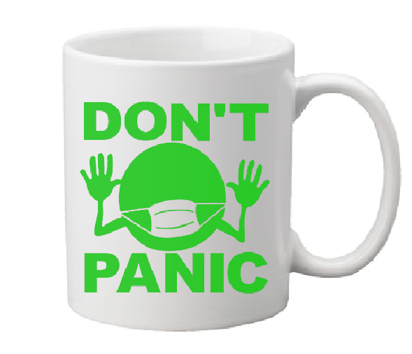 Hitchhiker's Guide to the Galaxy Mug Coffee Cup White Don't Panic Mostly Harmless 42 Douglas Adams Sci Fi Science Fiction Free Shipping Merch Massacre