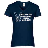 Donnie Darko Ladies V Neck T Shirt Adult S-3X Stupid Mansuit Frank the Rabbit Time Travel Sci Fi Science FIction Horror Free Shipping Merch Massacre
