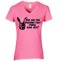 Donnie Darko Ladies V Neck T Shirt Adult S-3X Stupid Mansuit Frank the Rabbit Time Travel Sci Fi Science FIction Horror Free Shipping Merch Massacre