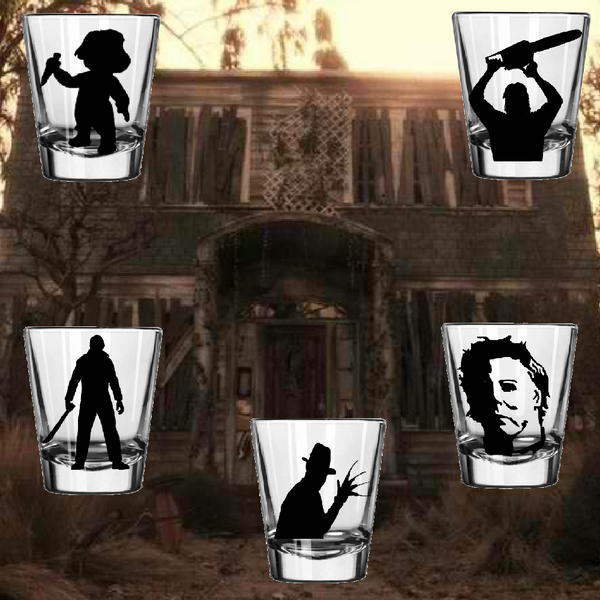 Set of (5) Slasher Shot Glass Chucky Freddy Krueger Michael Myers Jason Voorhees Halloween Nightmare Elm Street Horror Free Shipping Merch Massacre