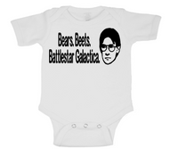The Office Bears Beets Battlestar Galactica Baby Infant Youth Bodysuit Romper NB-24 Months Dunder Mifflin Free Shipping Merch Massacre